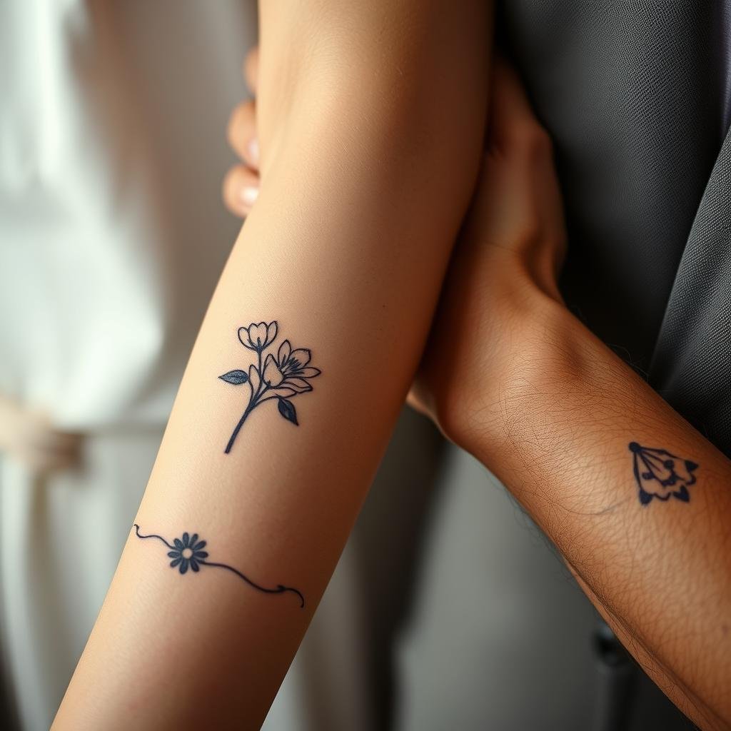 A beautifully lit close-up photograph of a woman's and a man's forearms, showcasing a variety of small, stylish cover-up tattoo designs. The tattoos artfully conceal previous ink with intricate floral patterns, minimalist geometric shapes, and elegant calligraphic elements. The skin tones are warm and natural, with soft, diffused lighting creating subtle shadows and highlights. The composition focuses on the tattoos, filling the frame and capturing the details with a shallow depth of field. The overall mood is one of refinement, elegance, and the transformative power of body art.