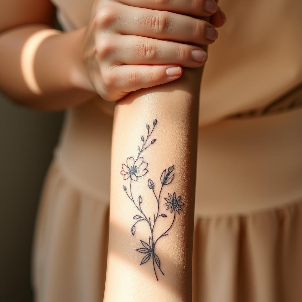 A close-up portrait of a woman's hands gently covering elaborate tattoos on her forearm. The skin is luminous, illuminated by soft, natural lighting from the side. The hands are delicate and graceful, with long fingers and neatly manicured nails. The tattoos peeking through are a mix of intricate floral designs and abstract patterns, hinting at a rich backstory. The background is subtly blurred, keeping the focus on the intricate interplay of skin, ink, and gesture. The overall mood is one of artistry, thoughtfulness, and a sense of personal transformation.