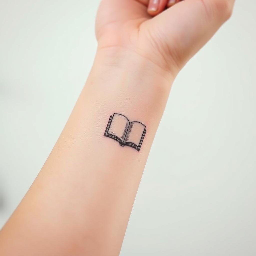 A close-up view of several intricate book-themed tattoos adorning a person's skin. The designs feature delicate illustrations of open books, quill pens, ink bottles, and vintage-style typography, all rendered in a muted, warm color palette. The tattoos are positioned on the foreground, highlighted by soft, directional lighting that casts subtle shadows, creating depth and dimension. The background is slightly blurred, suggesting a serene, contemplative atmosphere, emphasizing the personal and meaningful nature of these literary expressions.