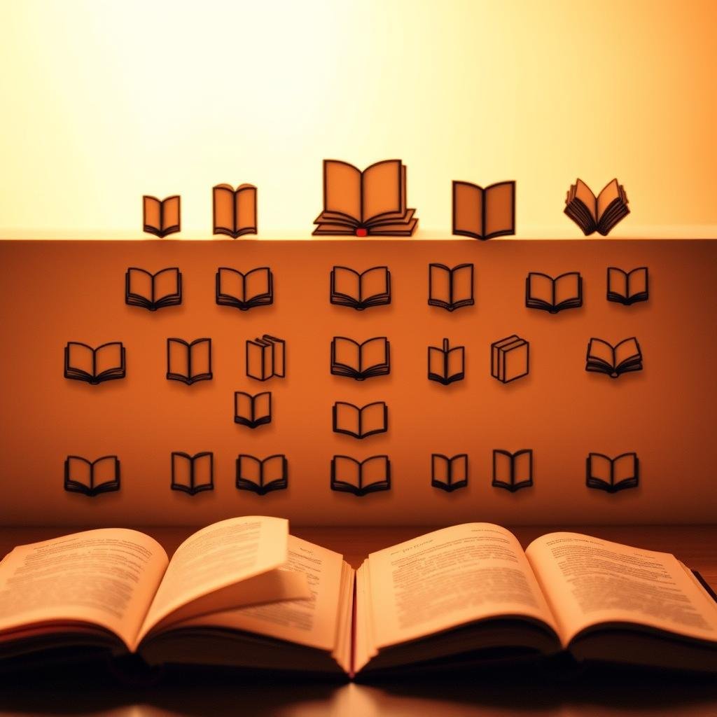 A collection of intricately designed, minimalist book tattoos in a soft, warm lighting. The foreground features delicate silhouettes of open books, their pages fluttering gently. The middle ground showcases a variety of small, elegant book designs, each with a unique artistic interpretation, ranging from classic hardcovers to abstract shapes. The background subtly blends gradient hues, creating a serene, literary ambiance. The overall composition exudes a sense of thoughtful, literary expression through the understated, yet captivating tattoo designs.