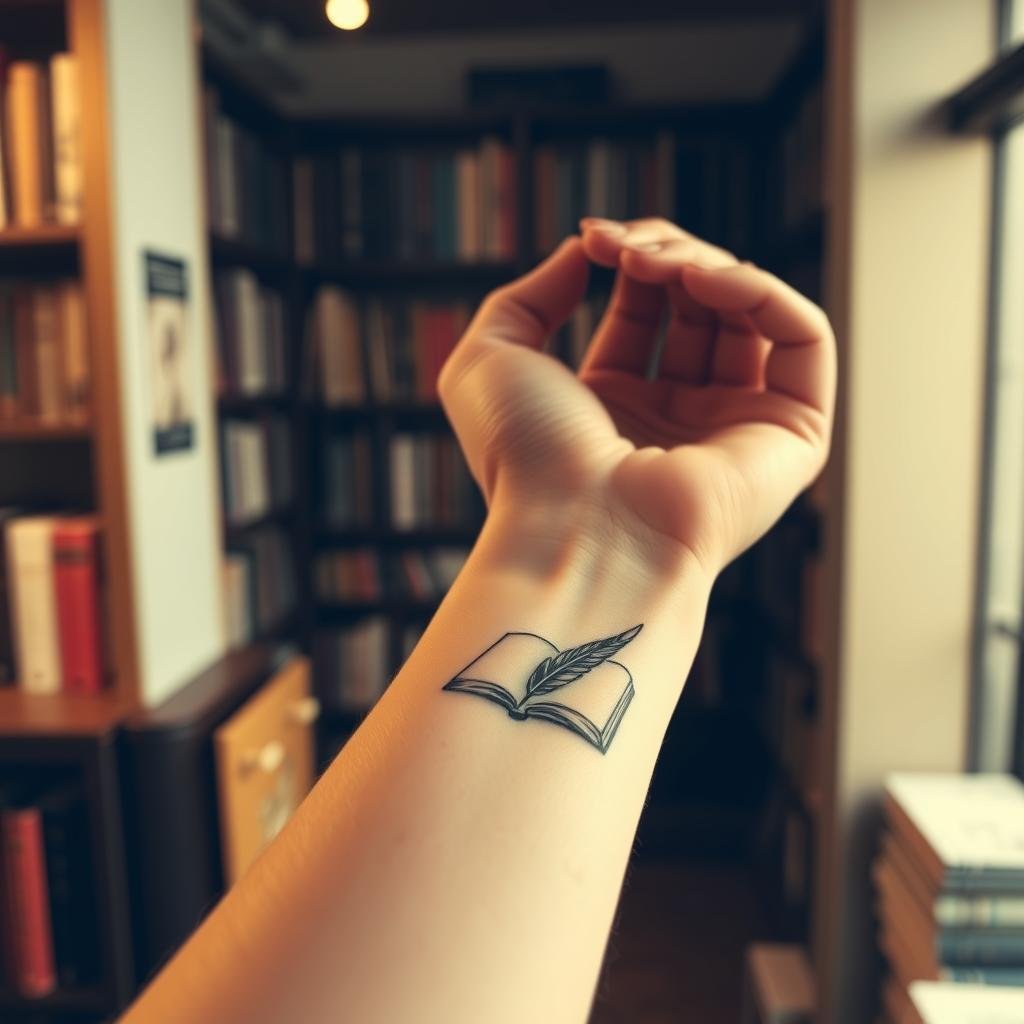 A cozy, well-lit bookshop interior, with bookshelves lining the walls. In the foreground, a person's hand is carefully sketching delicate tattoo designs inspired by open books, literary quotes, and iconic bookish symbols like feathers, quills, and inkwells. The designs are intricate, with a focus on minimalist linework and subtle details that capture the essence of bibliophilia. The atmosphere is warm and inviting, evoking a sense of intellectual curiosity and artistic expression. The lighting is soft and directional, highlighting the delicate tattoo work and creating a sense of intimacy. The overall mood is one of quiet contemplation and a deep appreciation for the written word.