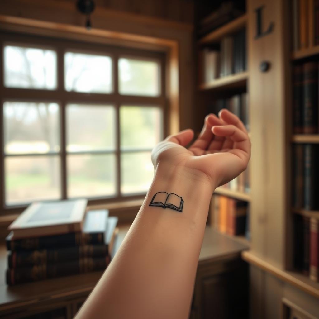 A cozy, well-lit minimalist book nook showcases a collection of delicate, intricate tattoo designs inspired by classic literature. In the foreground, a hand displays several small, elegant tattoos - a quill pen, an open book, and a stylized author's quill and inkwell. The middle ground features a stack of antique leather-bound books, their spines displaying embossed titles. The background depicts a serene, softly lit environment with hints of rustic wooden shelves and a window overlooking a tranquil outdoor scene. The overall atmosphere evokes a sense of quiet contemplation and appreciation for the written word.
