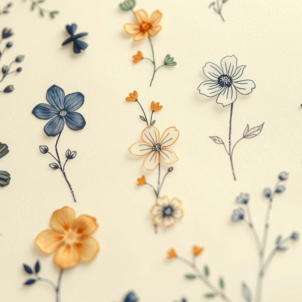 A delicate arrangement of birth flower ink designs on creamy parchment. Meticulously rendered dainty floral motifs in shades of indigo, ochre, and sage, capturing the charm and elegance of these botanical symbols. The compositions flow organically, with subtly layered petals and leaves, creating a sense of movement and natural grace. Soft, diffused lighting enhances the vintage aesthetic, while the high-resolution, close-up framing highlights the intricate linework and attention to detail. An intimate, artistic approach to immortalizing these meaningful botanical emblems.
