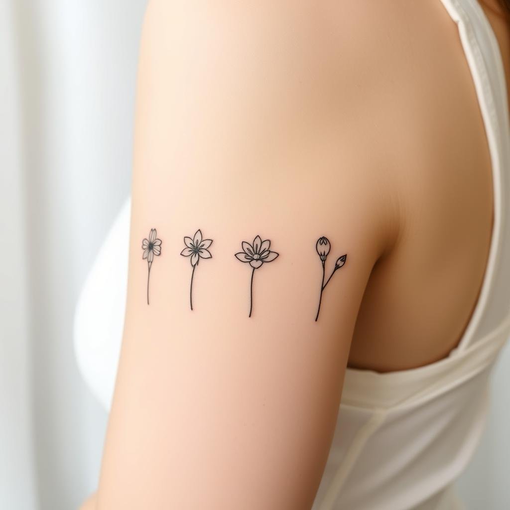 A delicate bouquet of minimalist birth flowers, represented as simple line-drawn tattoos on pale skin. The foreground showcases the graceful forms of these symbolic floral designs, each one distinct and elegantly rendered in a fine-lined, understated style. The middle ground hints at the diverse array of birth month flowers, while the background maintains a clean, serene aesthetic, allowing the tattoos to take center stage. Soft, diffused lighting caresses the skin, creating a sense of delicacy and intimacy. The overall mood is one of understated beauty, honoring the significance of these personal floral emblems.