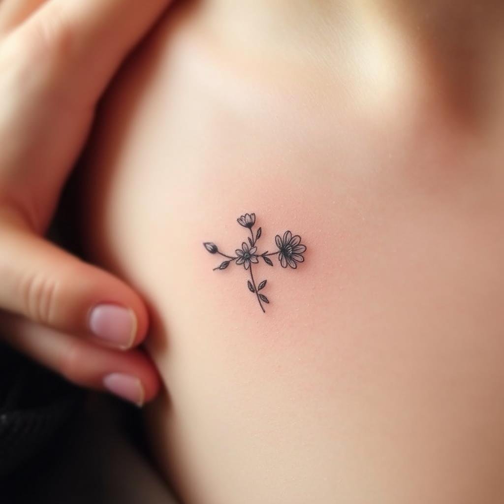 A delicate bouquet of minimalist floral tattoos, subtly gracing the skin. A close-up view, capturing the intricate linework and soft, watercolor-like petals of dainty blooms - perhaps a delicate daisy, a whimsical wildflower, or a graceful rose. The design is understated yet elegant, with a focus on negative space and natural shading. Soft, diffused lighting caresses the skin, creating a serene, intimate atmosphere. The angle is slightly angled, allowing the viewer to appreciate the gentle curves and organic flow of the tattoo design. An embodiment of natural beauty and personal expression, a charming representation of the section's exploration of minimalist floral tattoos.