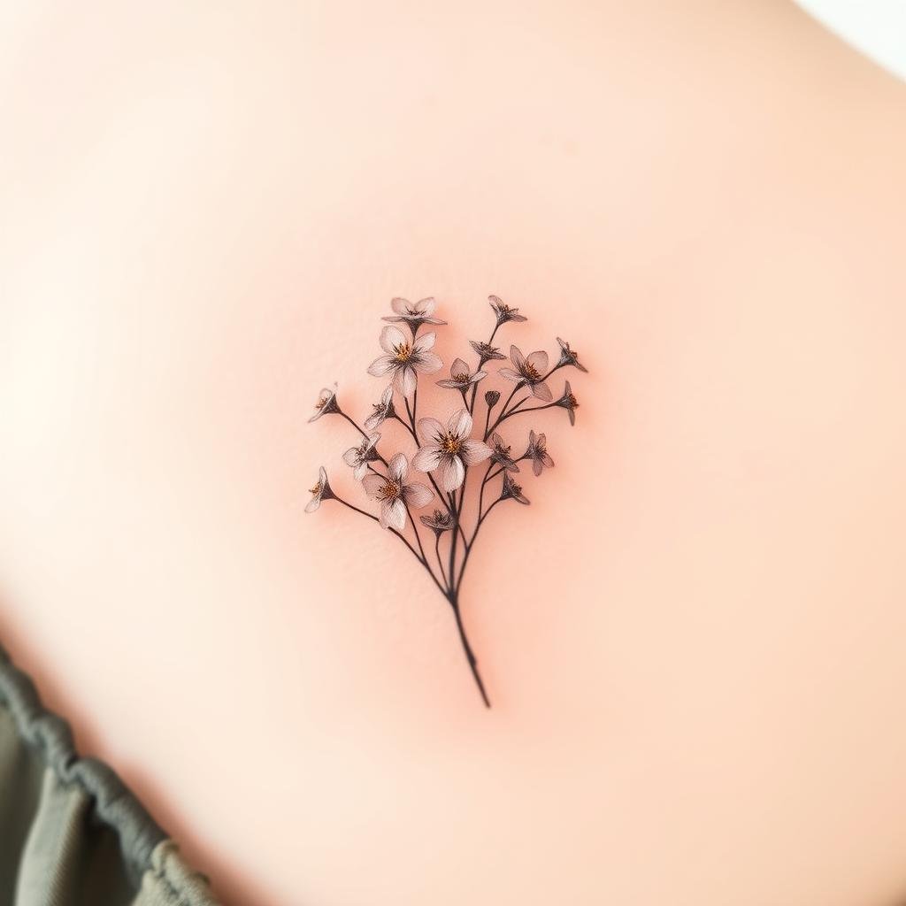 A delicate bouquet of petite flowers, meticulously rendered in delicate floral ink. Soft, airy strokes capture the ephemeral nature of the blossoms, with each petal appearing to flutter in a gentle breeze. The composition is balanced, with the flowers occupying the central focus, surrounded by a minimal, light-filled background that enhances their intricate details. Subtle highlights and shadows accentuate the three-dimensional quality of the tattoo design, creating an impression of depth and volume. The overall aesthetic is one of understated elegance, reflecting the charm and grace of these tiny, nature-inspired works of body art.