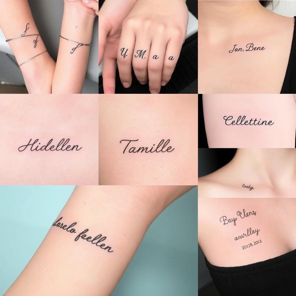 A delicate collection of subtle name tattoo ideas, showcasing fine linework and minimalist designs. In the foreground, a series of elegant script fonts wrap around wrists, fingers, and collarbones, each letter meticulously crafted with a light, airy touch. The midground features dainty cursive names inked onto the skin, their thin lines accentuated by soft, diffused lighting. In the background, simple block letters and modern typefaces adorn the body, creating a harmonious blend of classic and contemporary styles. The overall atmosphere is one of understated sophistication, highlighting the beauty of small, personal tattoos that embody the essence of the wearer.