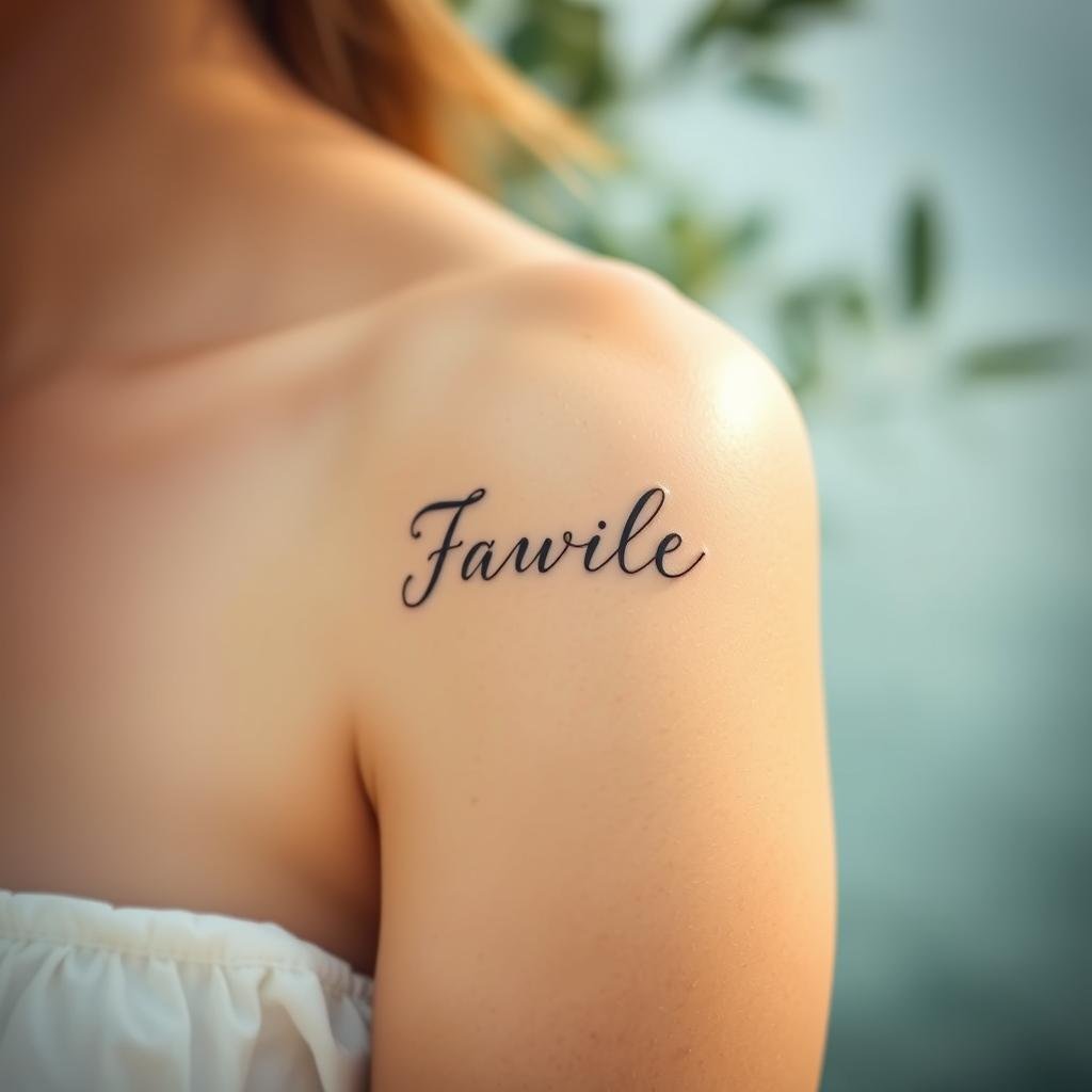 A delicate, minimalist small size name tattoo on a serene, porcelain skin canvas. Elegant cursive lettering flowing gracefully, customized with subtle artistic flourishes. The tattoo is the central focus, framed by a softly blurred, natural background - lush greenery or a tranquil seascape. Soft, diffused natural lighting casts a warm, romantic glow, highlighting the intricate lines and curves of the design. The overall mood is one of understated sophistication and refined personal expression.