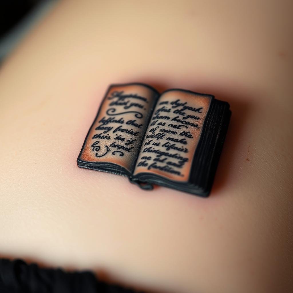 A meticulously etched small book tattoo, its ink-infused pages revealing the rich history and evolution of literary ink. Delicate script adorns the weathered leather cover, a window into the boundless realms of the written word. Soft, diffused lighting casts gentle shadows, highlighting the intricate details - the curling edges, the worn spine, the subtle imperfections that lend character. The tattoo is a canvas, a tapestry of stories, a testament to the enduring power of the written word to captivate and inspire. Captured with a shallow depth of field, the focus drawing the viewer's eye to the captivating small-scale design, an emblem of the literary enthusiast's passion.