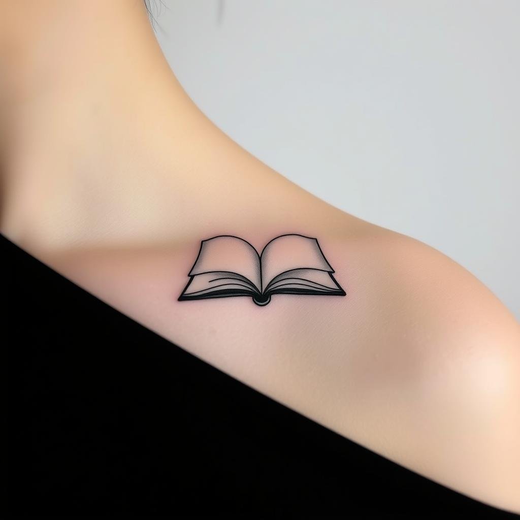 A minimalist book tattoo design with a sleek, modern aesthetic. The focal point is a simplified, understated depiction of an open book, rendered in clean lines and minimal details. The book's pages appear to be subtly illuminated, casting a soft, ethereal glow. The composition is balanced and symmetrical, with the book situated centrally against a muted, gradient background that gradually fades from a deeper shade to a lighter, more airy tone. The overall impression is one of understated elegance, where the beauty lies in the simplicity and the graceful interplay of light and shadow.