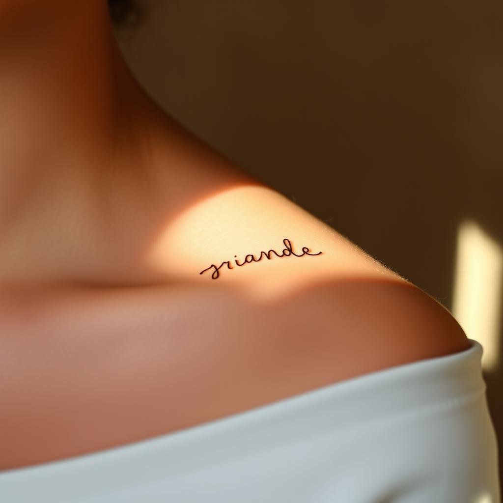 A minimalist name tattoo design, featuring delicate line art with a touch of elegance. The foreground showcases a simple, yet stylish cursive script, the letters flowing together seamlessly. The tattoo is positioned on a flattering angle, capturing the natural curves of the skin. The lighting is soft and diffused, creating a warm, intimate atmosphere. The background is subtly textured, with a muted, earthy palette that complements the refined aesthetic. This compact and chic tattoo design embodies the charm of small, personalized name ink, perfect for the section on &amp;amp;amp;amp;quot;Exploring the Charm of Small Name Tattoos&amp;amp;amp;amp;quot;.