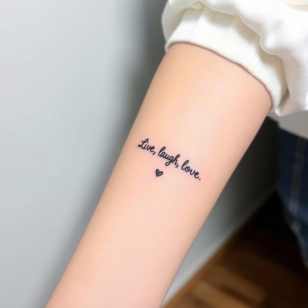 A minimalistic arrangement of tiny tattoo designs featuring delicate, handwritten-style quotes on the skin. The foreground depicts a person's arm or wrist, the skin meticulously detailed with intricate, script-like text in a variety of sizes and orientations. The lighting is soft and natural, casting gentle shadows to highlight the nuanced textures. The background is clean and uncluttered, allowing the tattoos to be the sole focus, conveying a sense of personal, understated expression.