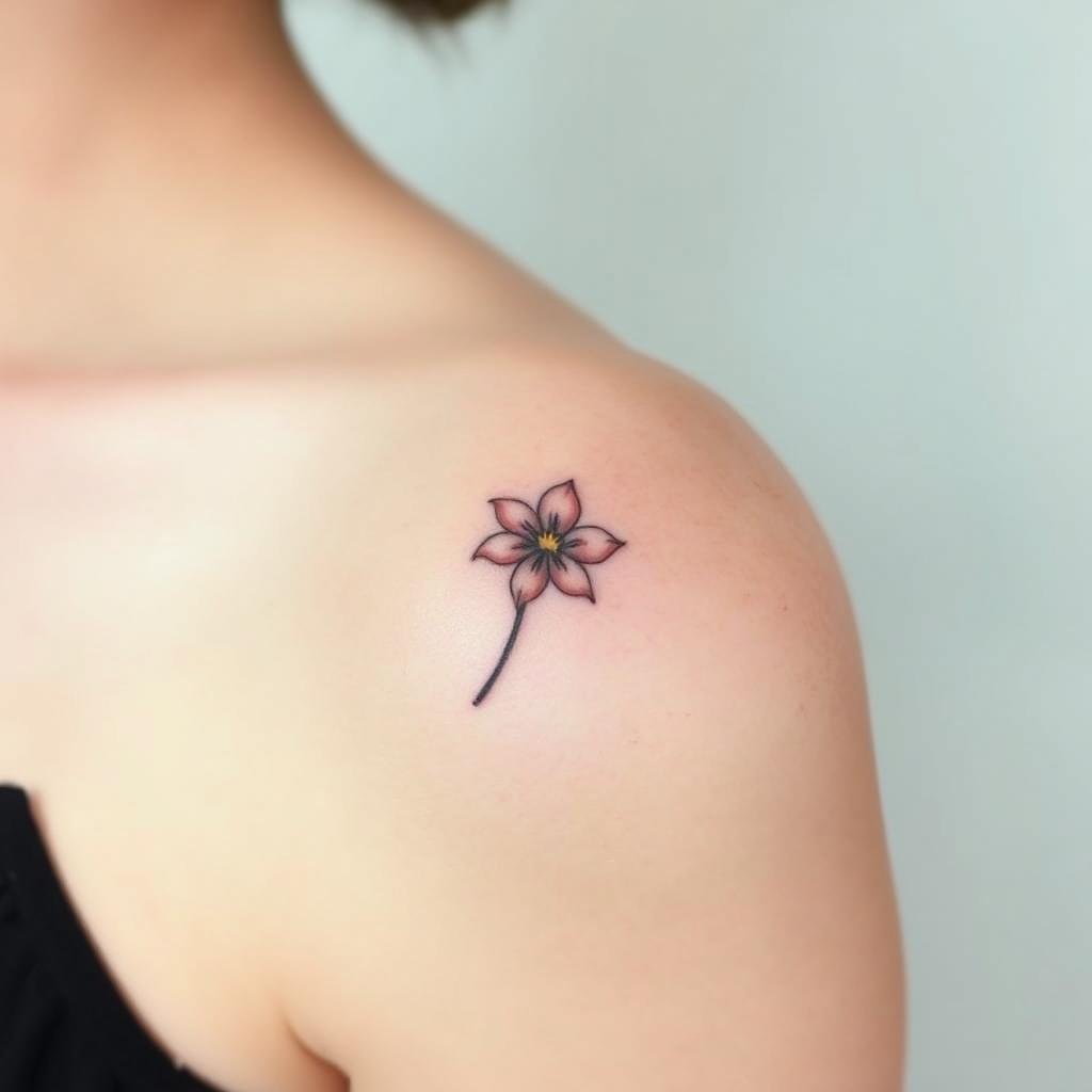 A small botanical flower tattoo on the shoulder