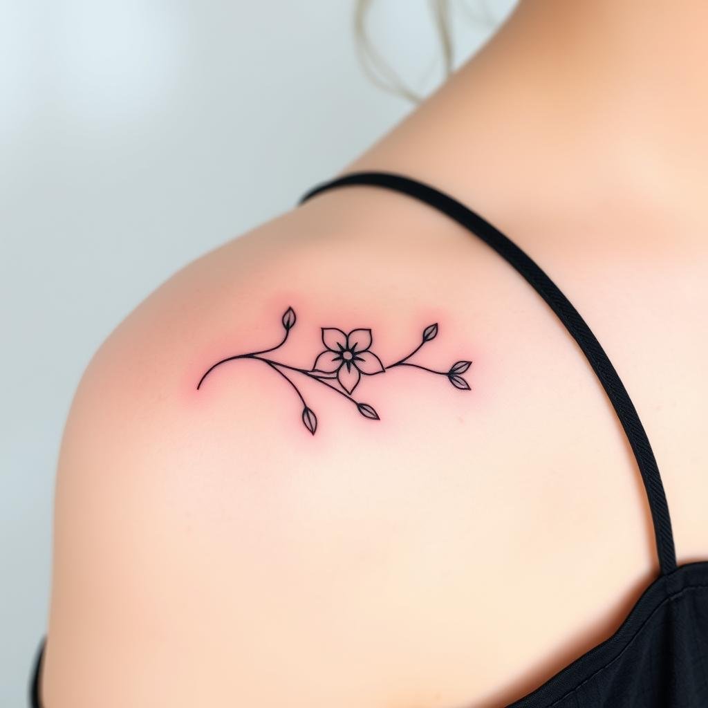  A small vine with a birth flower on the shoulder tattoo