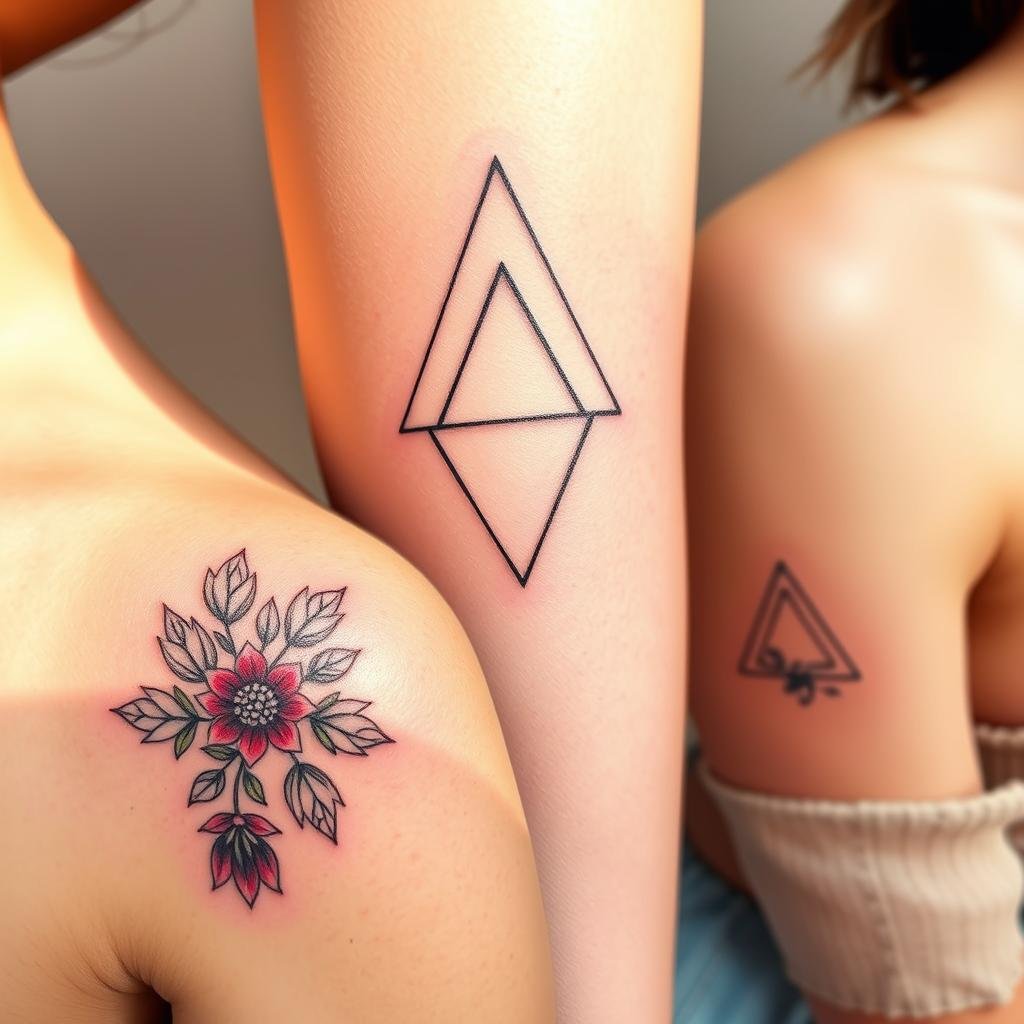 A stylish collection of small, trendy tattoo cover-up designs. In the foreground, intricate floral patterns gracefully conceal existing ink, their vibrant petals and delicate linework creating an elegant, harmonious composition. In the middle ground, abstract geometric shapes intertwine, their sharp angles and clean lines offering a modern, minimalist approach to cover-ups. The background features a soft, muted gradient, allowing the focal tattoos to stand out prominently. The lighting is natural and warm, casting a subtle glow on the skin and emphasizing the refined, artful nature of these cover-up tattoos. Captured with a medium-range lens, the image highlights the dimensional quality and fine details of the designs.