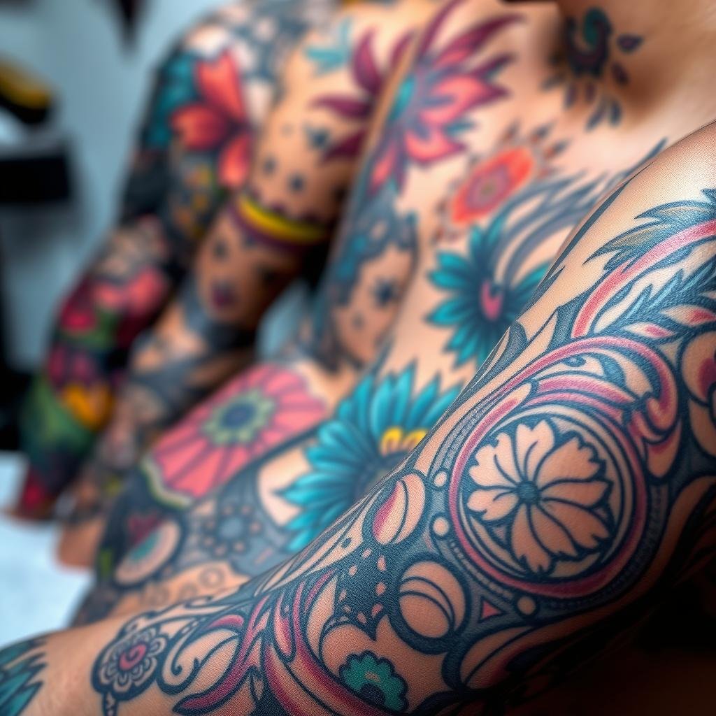 Detailed close-up of intricately designed tattoo cover-up art examples, featuring a range of styles and motifs. Vibrant colors and intricate line work create an eye-catching display of creative tattoo cover-up solutions. The composition focuses on the foreground, showcasing a selection of cover-up designs in a clean, well-lit studio setting, with a slightly blurred background to emphasize the artistry. The lighting is soft and directional, casting subtle shadows to accentuate the textures and depth of the tattoo designs. The angle is slightly angled, providing a dynamic perspective that invites the viewer to explore the diverse range of cover-up possibilities.