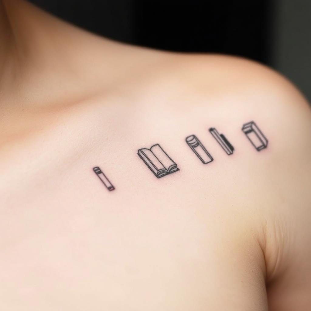 Minimalist book tattoos on pale, minimalist skin. A collection of delicately rendered book spines, each one a unique literary treasure. Intricate line work, subtle shading, and a muted color palette evoke the essence of beloved stories. The tattoos appear softly illuminated, as if the ink holds an inner glow. Negative space is as important as the design, creating a sense of refined elegance. The angle is tight, focusing on the intricate details, with a shallow depth of field to isolate the tattoos. The mood is contemplative, inviting the viewer to imagine the personal significance of each tiny book.