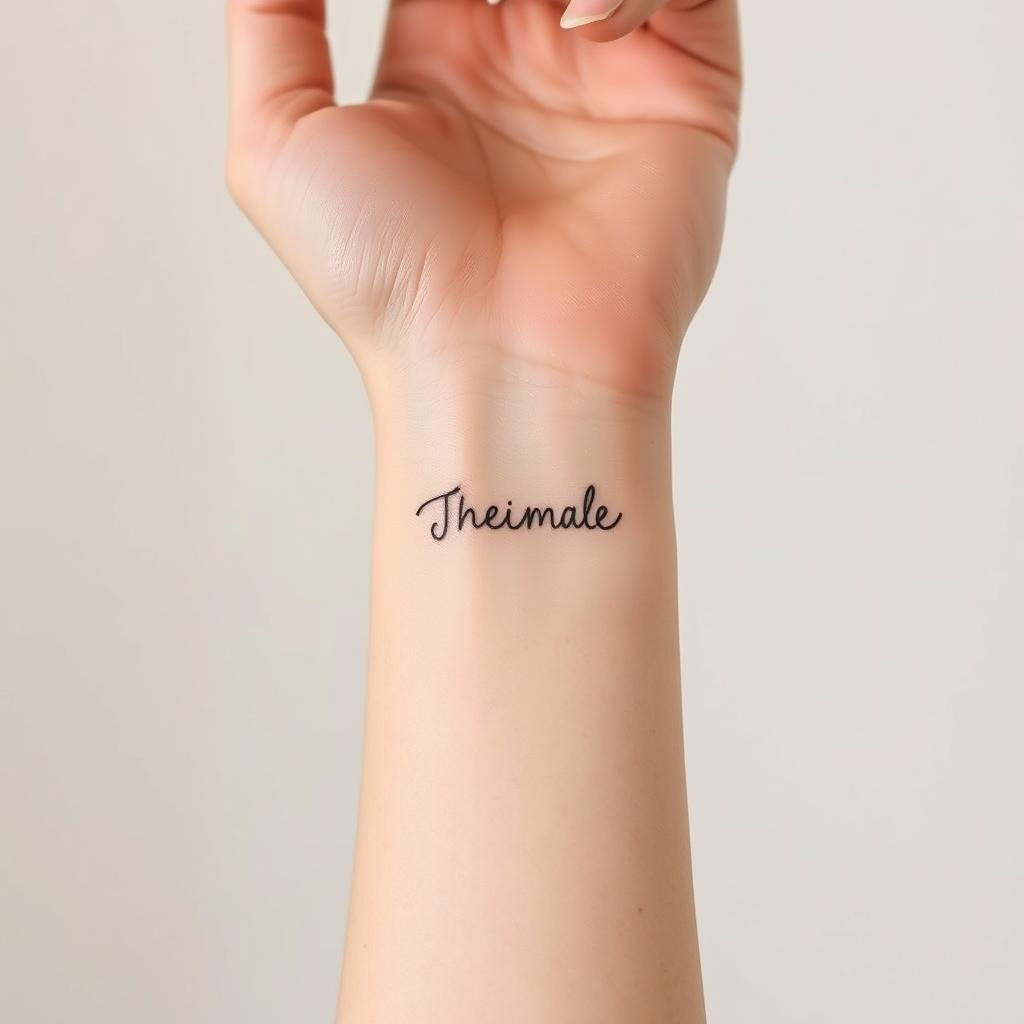 Minimalist name tattoo design on pale skin, delicate linework in muted shades of black and gray. The name is subtly placed on the inside of the wrist, creating a personal, understated look. The lighting is soft and diffused, highlighting the clean, simple elegance of the design. The composition is centered, with the wrist occupying the middle ground, against a plain, neutral background that allows the tattoo to be the focal point. The overall mood is serene, refined, and artfully understated, reflecting the versatile and timeless appeal of minimalist name tattoos.