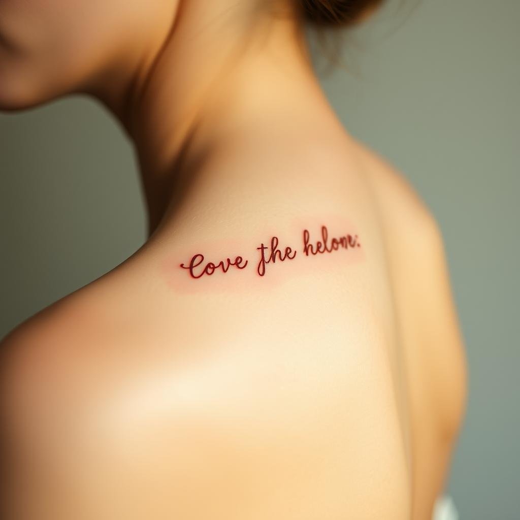 Soft, delicate tattoo quotes in an ethereal, minimalist style. Graceful cursive lettering in warm tones against pale, supple skin. Subtle shading and shadows accentuate the intricate designs. A serene, contemplative atmosphere with gentle backlighting and a shallow depth of field. Negative space and clean composition draw the eye to the meaningful words, conveying a sense of quiet, personal reflection. Candid, natural poses that highlight the personal significance of these small, meaningful tattoos.