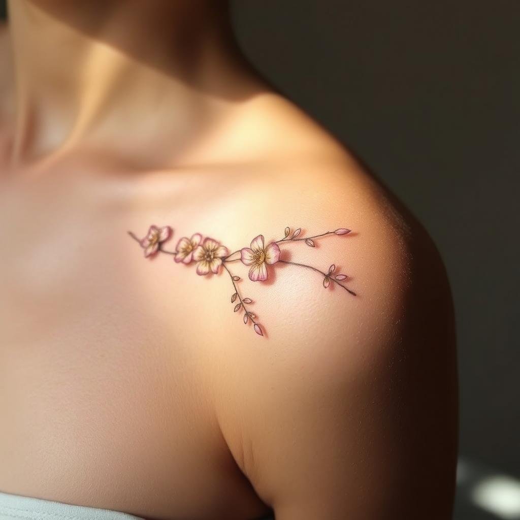 Subtle flower tattoo ideas chic: Delicate floral arrangements adorn the skin in an elegant, minimalist display. Captivating petals cascade across the foreground, their soft, wispy lines creating a visually striking yet understated design. Centered in the frame, the tattoo is subtly accented by warm, natural lighting that casts a gentle, ethereal glow. The overall composition conveys a sense of refined sophistication, reflecting the desired &amp;amp;quot;chic&amp;amp;quot; aesthetic. Subtle shading and nuanced color tones contribute to the tattoo's refined, high-fashion appeal. The resulting image embodies the essence of the &amp;amp;quot;Charming Small Birth Flower Tattoos for Any Style&amp;amp;quot; article, capturing the essence of the &amp;amp;quot;Subtle Flower Tattoo Ideas for a Chic Look&amp;amp;quot; section.
