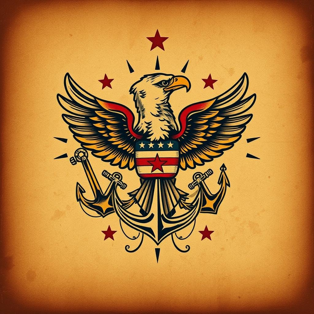 Vintage American tattoo design example, featuring bold lines, vibrant colors, and classic American iconography. A detailed illustration depicting an eagle, anchors, and nautical motifs, set against a distressed, aged background with a worn, textured appearance. Soft, warm lighting that highlights the intricate linework and shading, creating a nostalgic, old-school aesthetic. The composition is well-balanced, with the central tattoo design commanding attention while the surrounding elements provide context and depth. A visually striking and authentic representation of traditional American tattoo art.