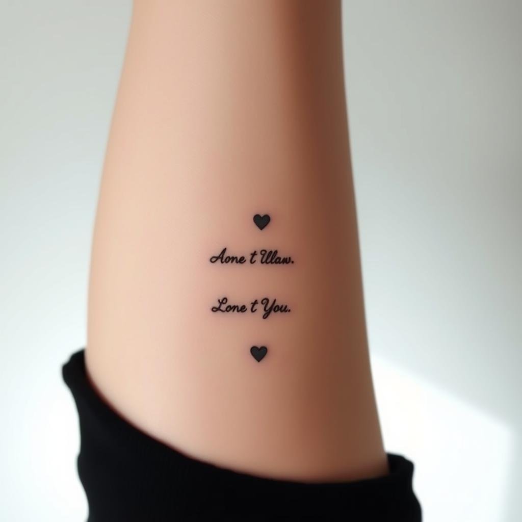 a delicate and minimalist tattoo design featuring three simple word tattoos, arranged in a vertical composition. The words are rendered in a fine, elegant script font, with each word occupying its own personal space on the skin. The background is plain and understated, with a subtle gradient or muted texture, allowing the tattoos to shine through with a sense of purity and focus. Soft, diffused lighting from an unseen source gently illuminates the scene, creating a serene, meditative atmosphere. The overall impression is one of simplicity, quiet introspection, and the power of carefully chosen words captured in bodily form.