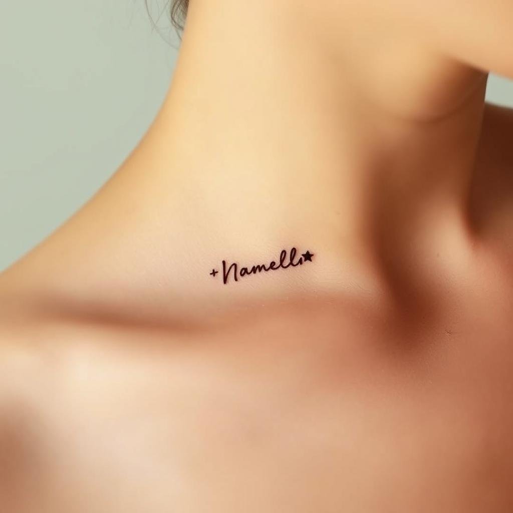delicate name with star tattoo design on a woman’s collarbone