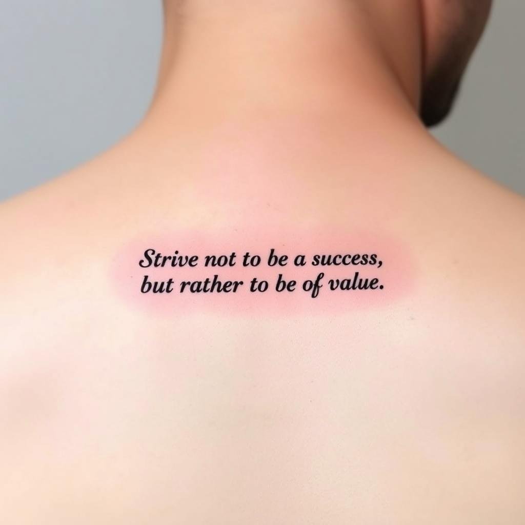 elegant tattoo on a man’s back featuring the quote 'Strive not to be a success, but rather to be of value.'