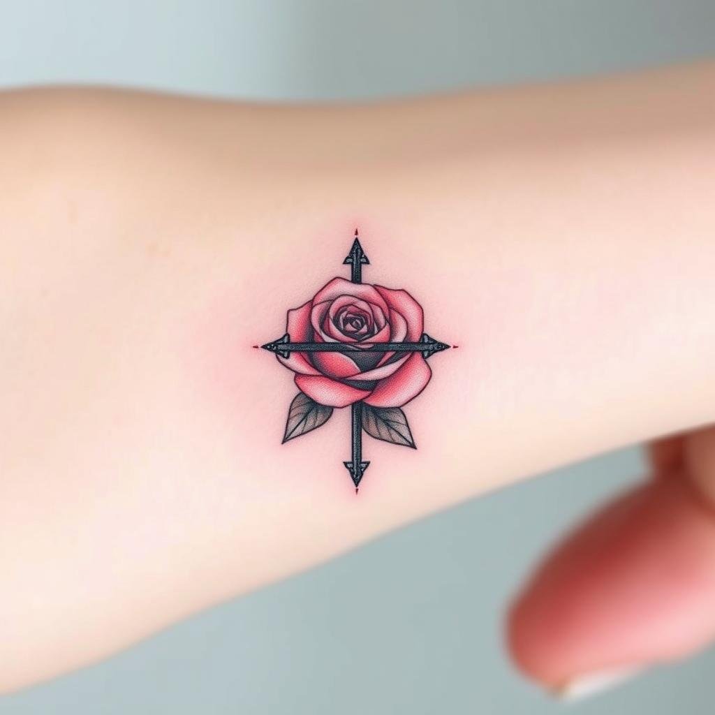 Small Rose and Cross Combinations Tattoo